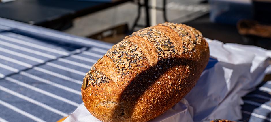 A loaf of wheat bread made by Altamira Baking at the Pinole Farmers' Market