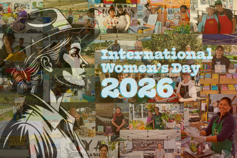 Collage of women at the farmers' market or on the farm with the transparent silhoutte of a woman farmer and the text 'International Women's Day 2026'