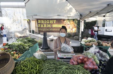 Bright Farm vendor behind table with various produce on display