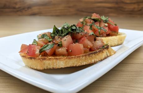 Close up shot of delicious farmers market bruschetta