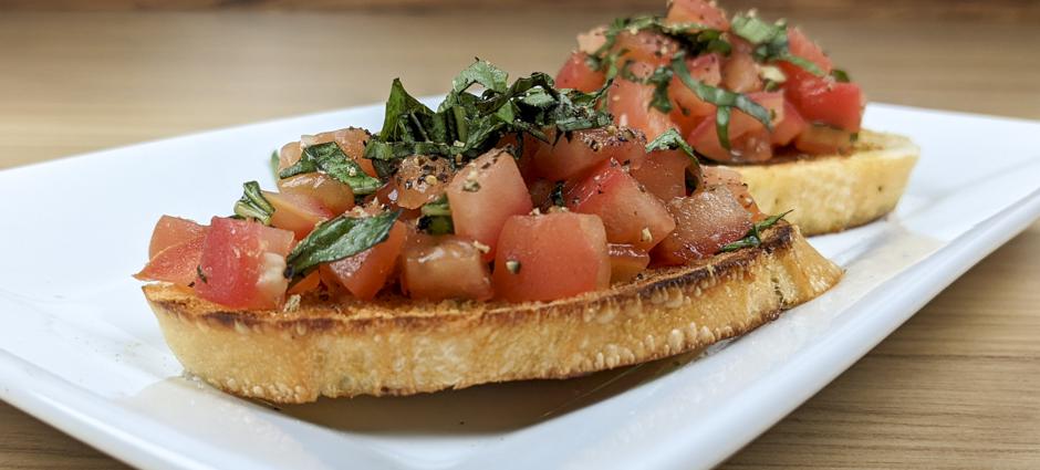 Close up shot of delicious farmers market bruschetta