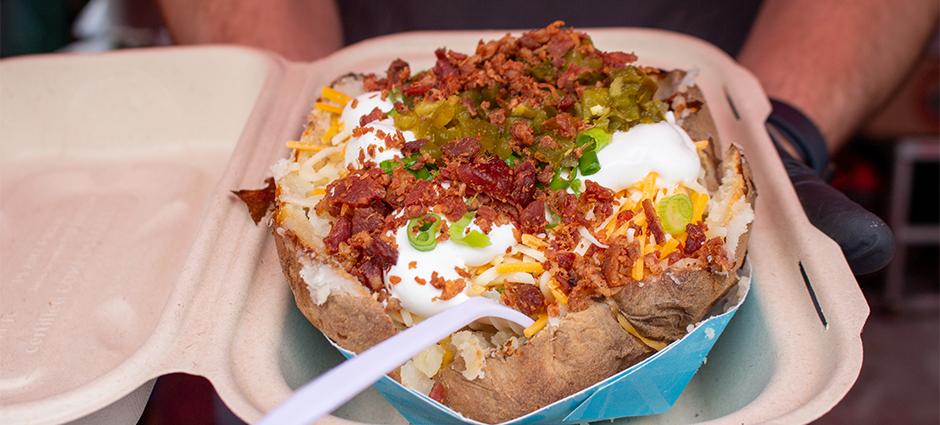 Closeup of baked potato at market