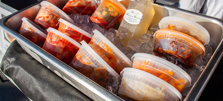 Ahzeetu Korean booth at the Brentwood farmers' market, products inside