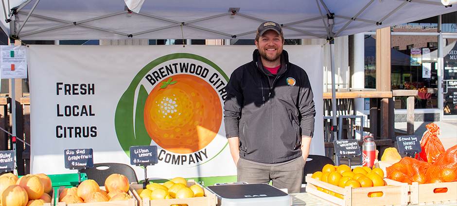A man, the owner of Brentwood Citrus Company, at his booth at the Brentwood Farmers' Market, surrounded by citrus