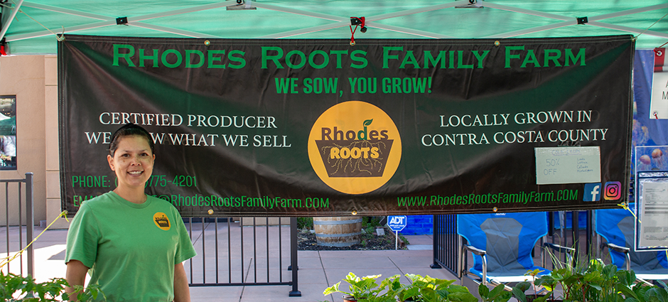 A photo of Rhodes Roots owner at their stall in the Brentwood farmers' market, surrounded by plants