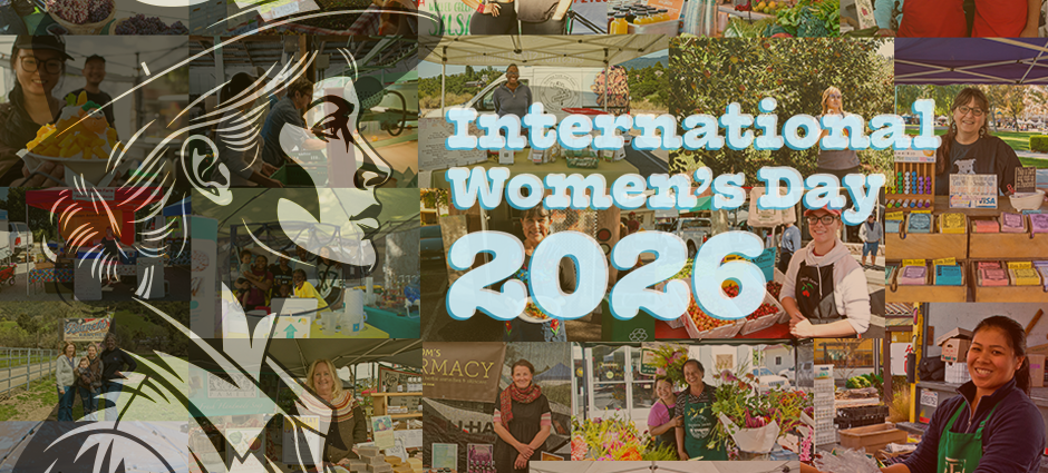 Collage of women at the farmers' market or on the farm with the transparent silhoutte of a woman farmer and the text 'International Women's Day 2026'